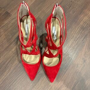 BCBGeneration Red Faux Suede Strappy Cage Pointed Toe Stiletto Heels Back Zip 7